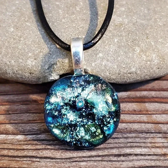 Dichroic Fused Art Glass Round Blue Black Pendant Black Leather Cord Necklace D - Picture 4 of 8